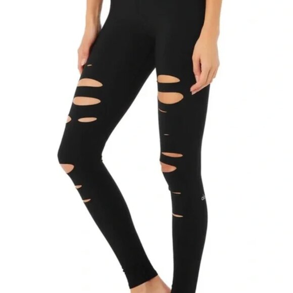 #65 Alo Ripped Warrior Leggings Full Length Size Large Black NWOT - Picture 1 of 7